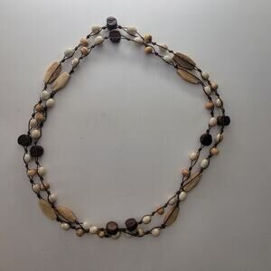 Vintage 1970s Natural Wood and Bead Necklace Boho Earth Tone Retro Jewelry Style